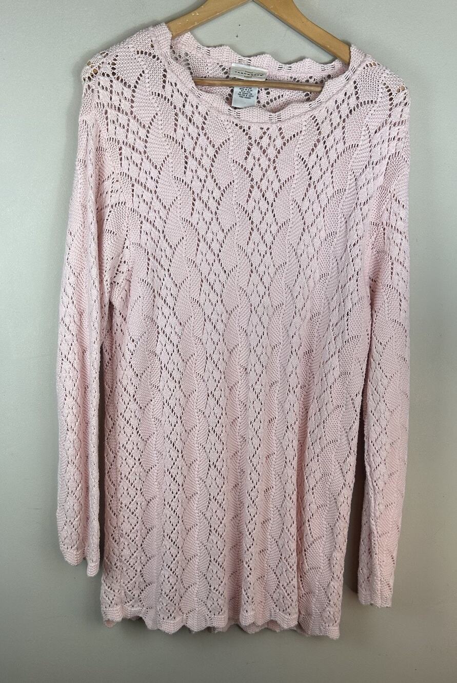 VTG Yarnworks Light Pink Crocheted Long Tunic Sweater Sz M Cottagecore Cotton